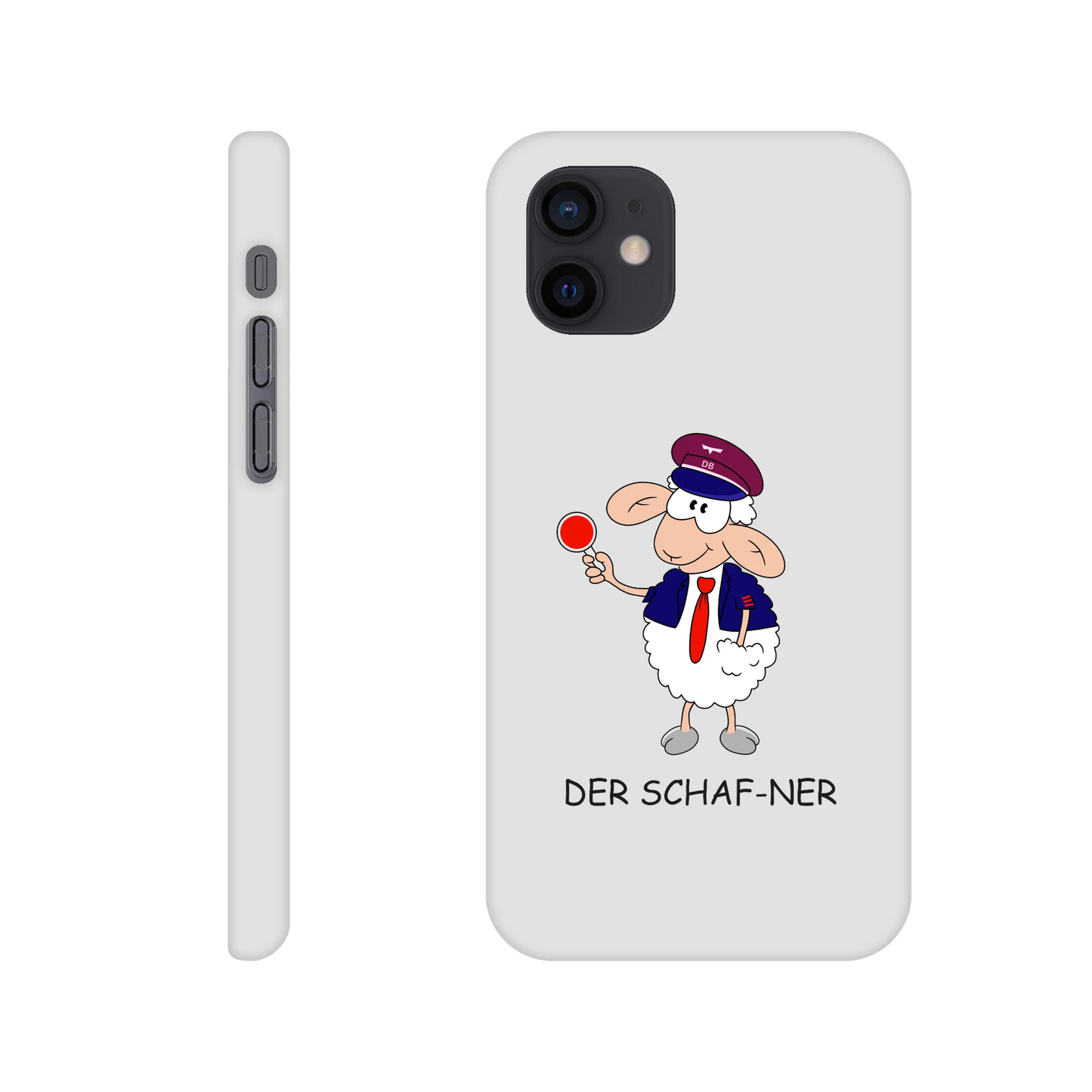 iPhone-Hülle, weiß mit diversen Ausschnitten passend zum ausgewählten Gerät. Aufgedruckt ist auf der Hülle der Cartoon "DER SCHAF-NER" von Antje Blumrodt Cartoons.