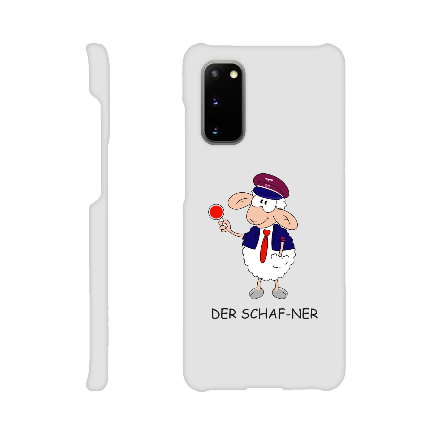 Eine Hülle für Samsung-Galaxy, weiß mit diversen Ausschnitten passend zum ausgewählten Gerät. Aufgedruckt ist auf der Hülle der Cartoon "DER SCHAF-NER" von Antje Blumrodt Cartoons.