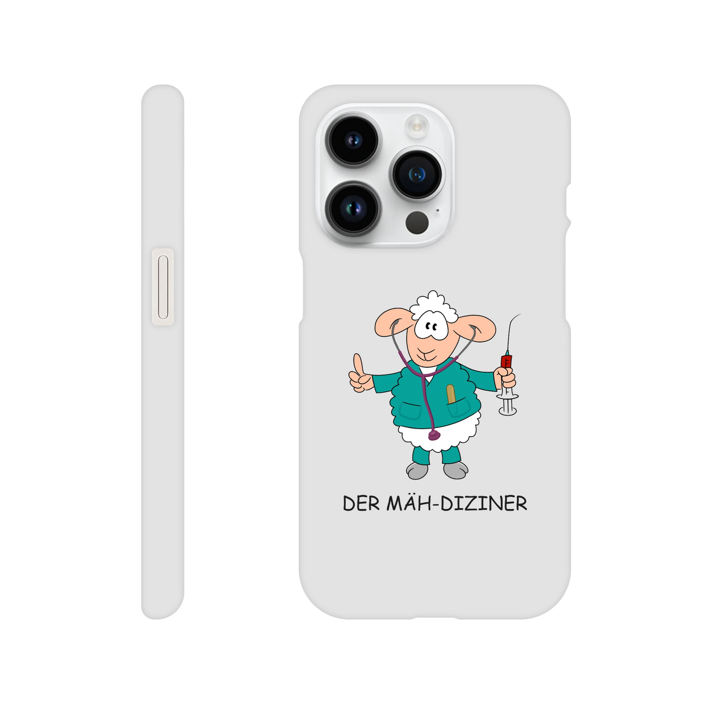 iPhone-Hülle, weiß mit diversen Ausschnitten passend zum ausgewählten Gerät. Aufgedruckt ist auf der Hülle der Cartoon "DER MÄH-DIZINER" von Antje Blumrodt Cartoons.