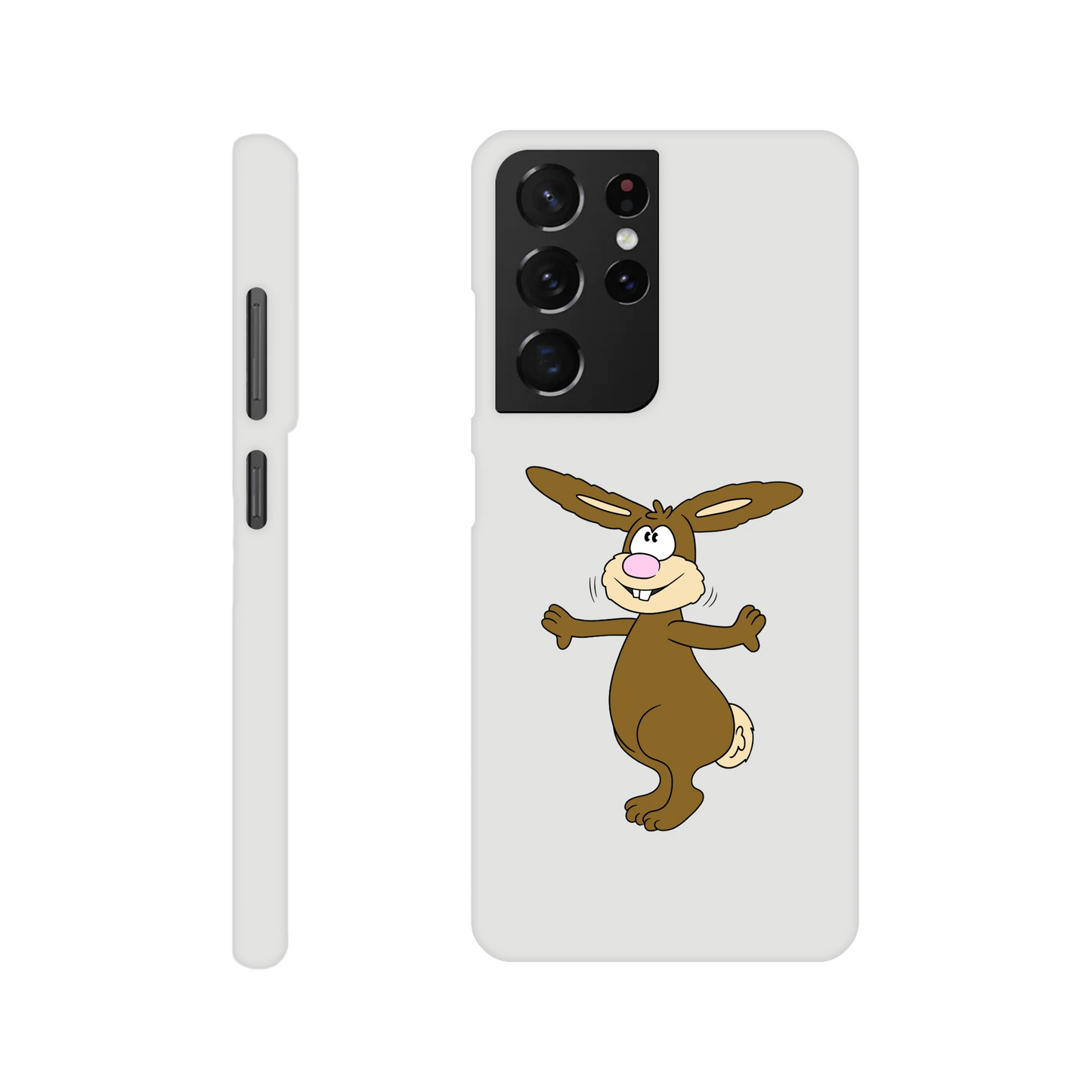 Eine Hülle für Samsung-Galaxy, weiß mit diversen Ausschnitten passend zum ausgewählten Gerät. Aufgedruckt ist auf der Hülle der Cartoon "Benny the Bunny" von Antje Blumrodt Cartoons.