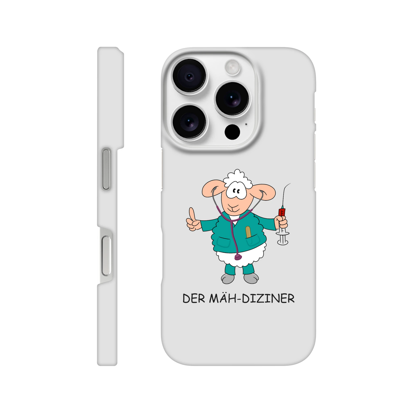 iPhone-Hülle, weiß mit diversen Ausschnitten passend zum ausgewählten Gerät. Aufgedruckt ist auf der Hülle der Cartoon "DER MÄH-DIZINER" von Antje Blumrodt Cartoons.
