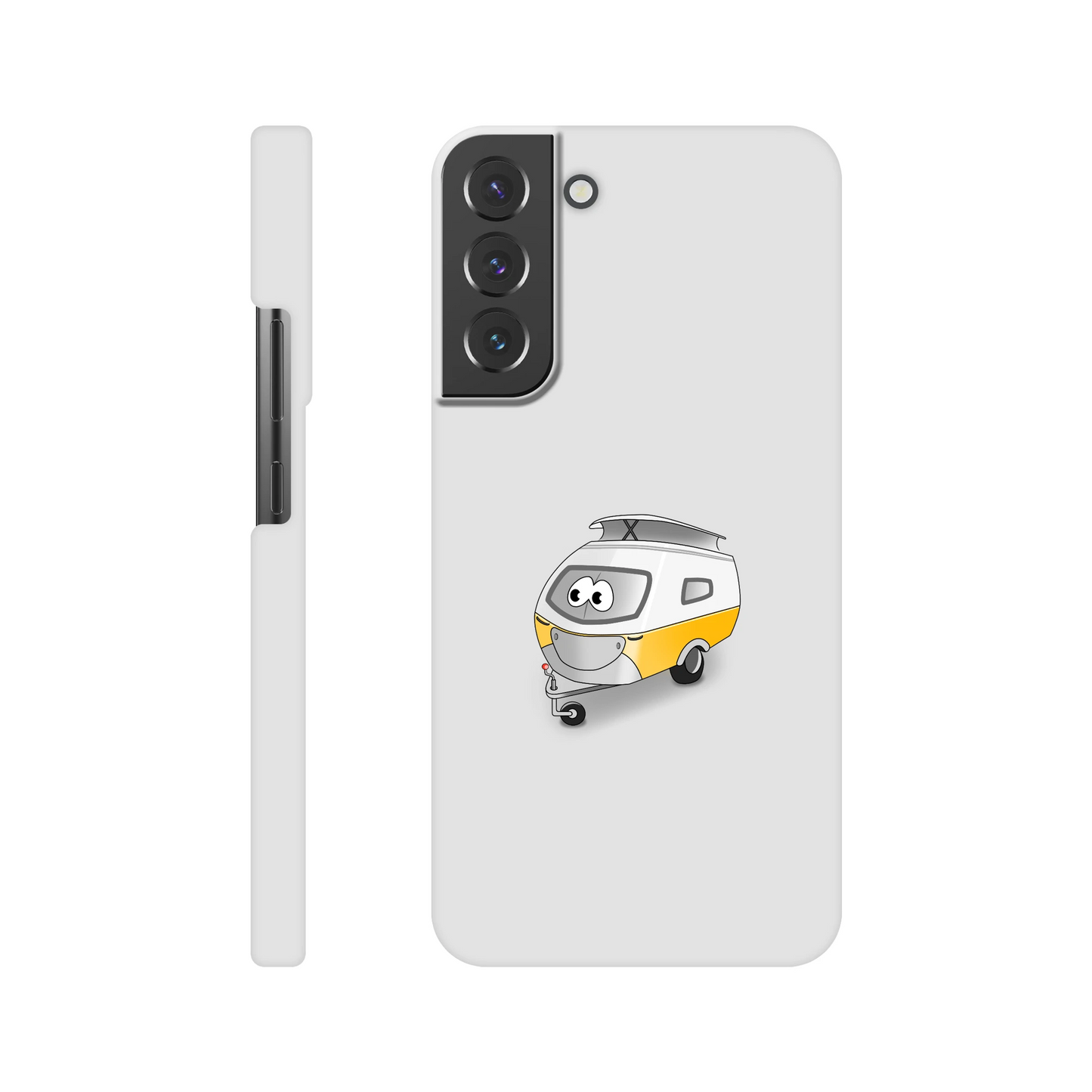 Eine Hülle für Samsung-Galaxy, weiß mit diversen Ausschnitten passend zum ausgewählten Gerät. Aufgedruckt ist auf der Hülle der Cartoon "Trollinchen" von Antje Blumrodt Cartoons.