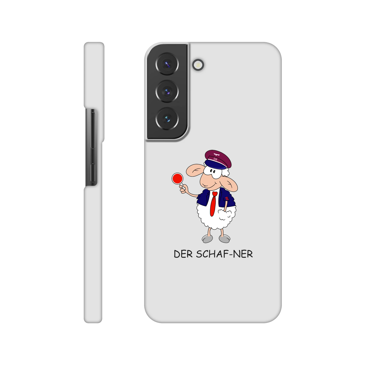 Eine Hülle für Samsung-Galaxy, weiß mit diversen Ausschnitten passend zum ausgewählten Gerät. Aufgedruckt ist auf der Hülle der Cartoon "DER SCHAF-NER" von Antje Blumrodt Cartoons.