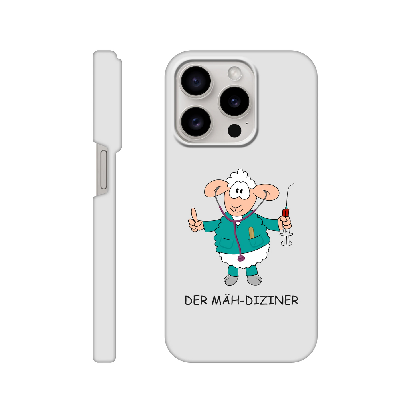 iPhone-Hülle, weiß mit diversen Ausschnitten passend zum ausgewählten Gerät. Aufgedruckt ist auf der Hülle der Cartoon "DER MÄH-DIZINER" von Antje Blumrodt Cartoons.