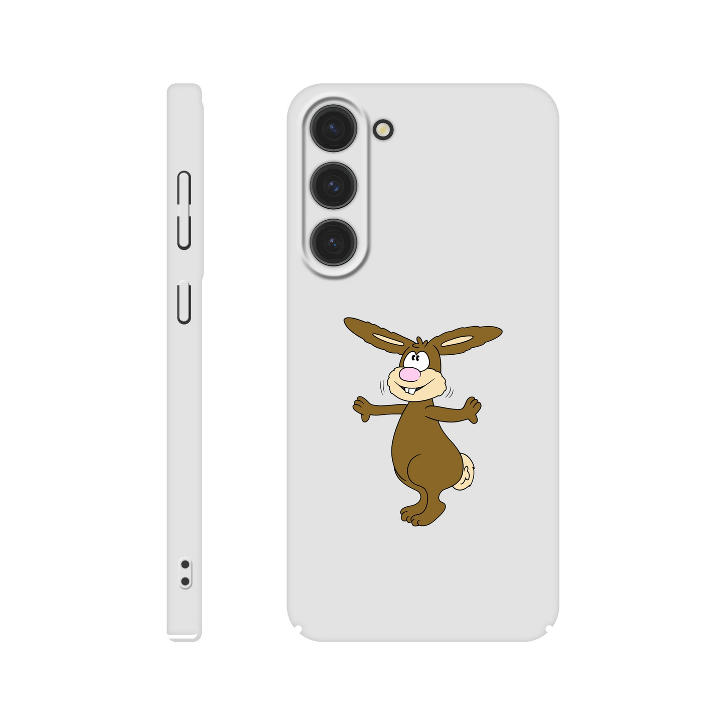 Eine Hülle für Samsung-Galaxy, weiß mit diversen Ausschnitten passend zum ausgewählten Gerät. Aufgedruckt ist auf der Hülle der Cartoon "Benny the Bunny" von Antje Blumrodt Cartoons.