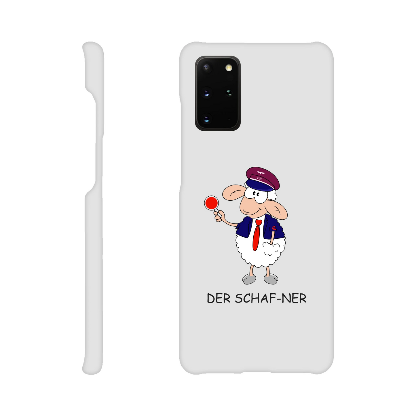 Eine Hülle für Samsung-Galaxy, weiß mit diversen Ausschnitten passend zum ausgewählten Gerät. Aufgedruckt ist auf der Hülle der Cartoon "DER SCHAF-NER" von Antje Blumrodt Cartoons.