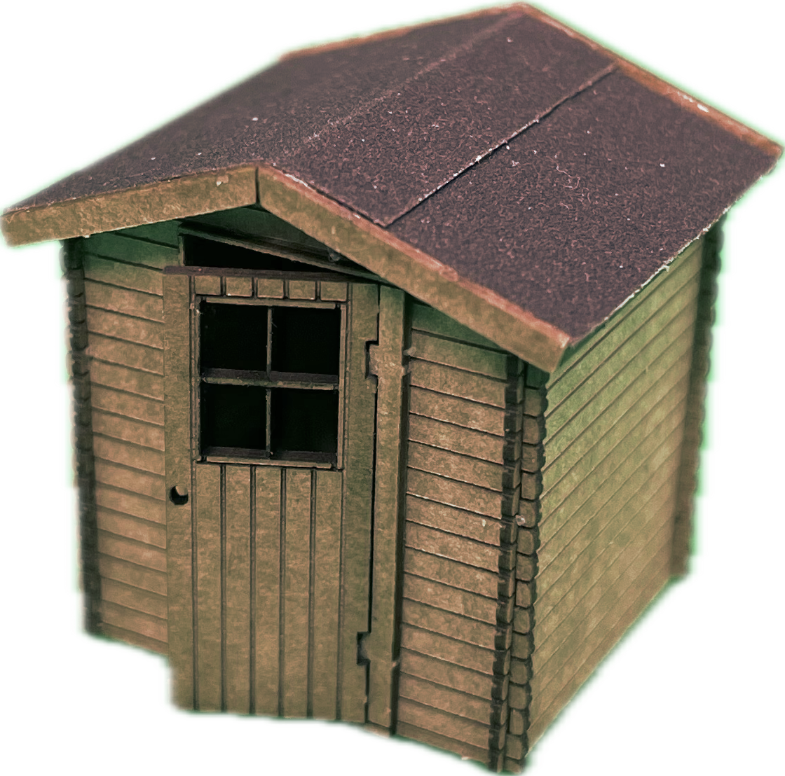 Großaufnahme der aus dem Bausatz montierten kleinen Gartenhütte in H0 - 1/87. Das Modell ist hier farblich unbehandelt.