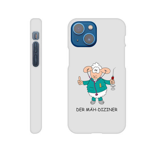 iPhone-Hülle, weiß mit diversen Ausschnitten passend zum ausgewählten Gerät. Aufgedruckt ist auf der Hülle der Cartoon "DER MÄH-DIZINER" von Antje Blumrodt Cartoons.