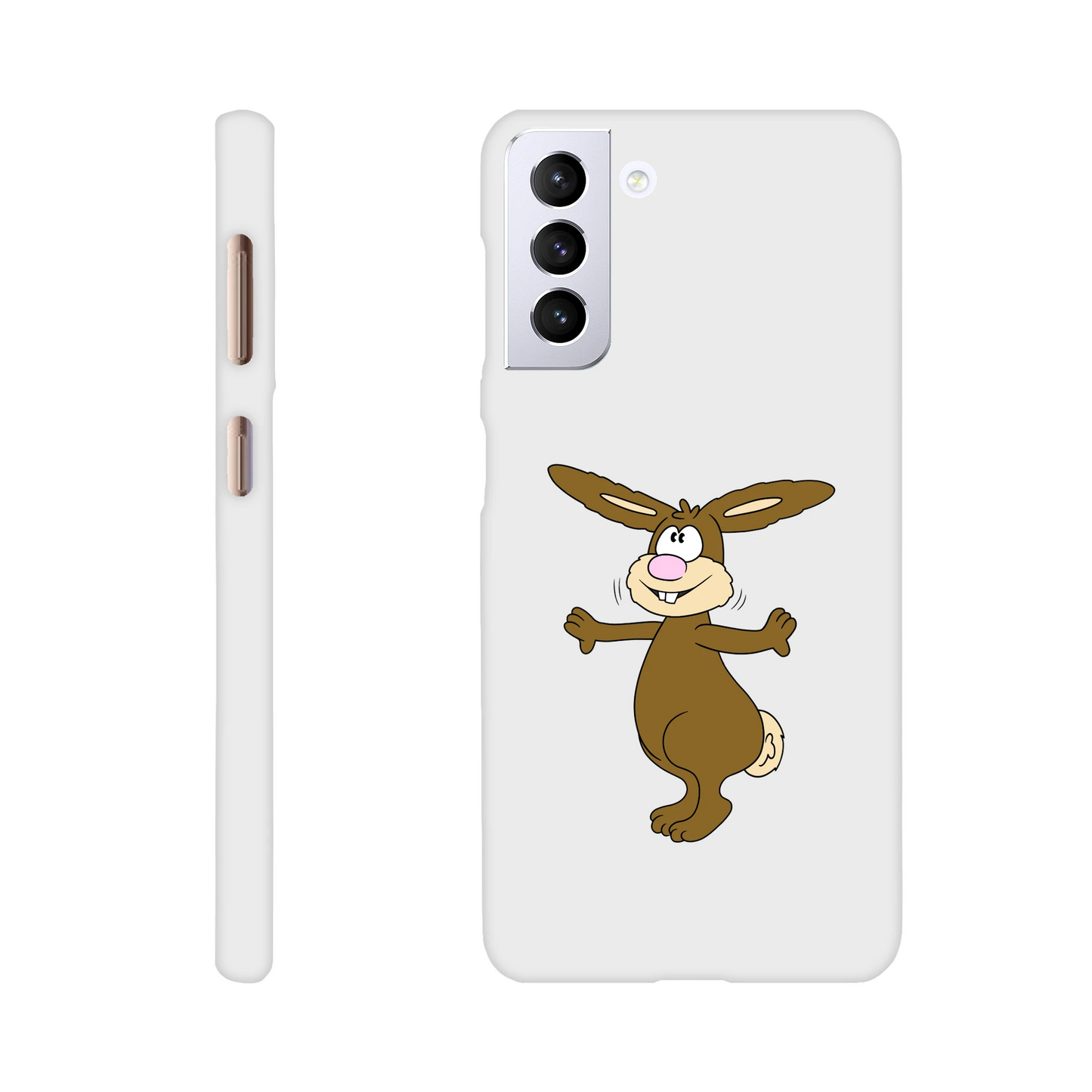 Eine Hülle für Samsung-Galaxy, weiß mit diversen Ausschnitten passend zum ausgewählten Gerät. Aufgedruckt ist auf der Hülle der Cartoon "Benny the Bunny" von Antje Blumrodt Cartoons.