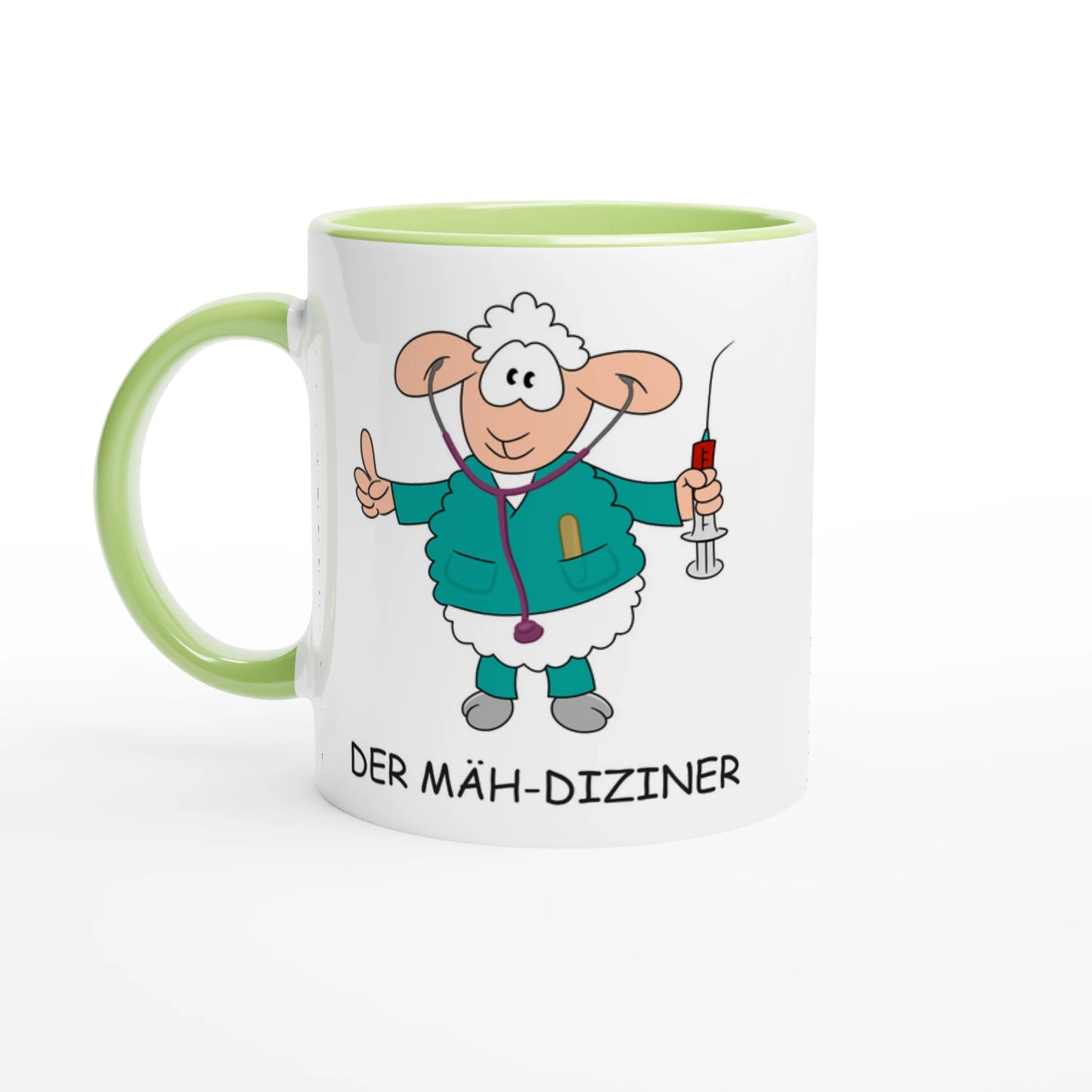 Das Bild zeigt eine Beispielaufnahme von dem Becher mit dem aufgedruckten Cartoon "Der Mäh-diziner".