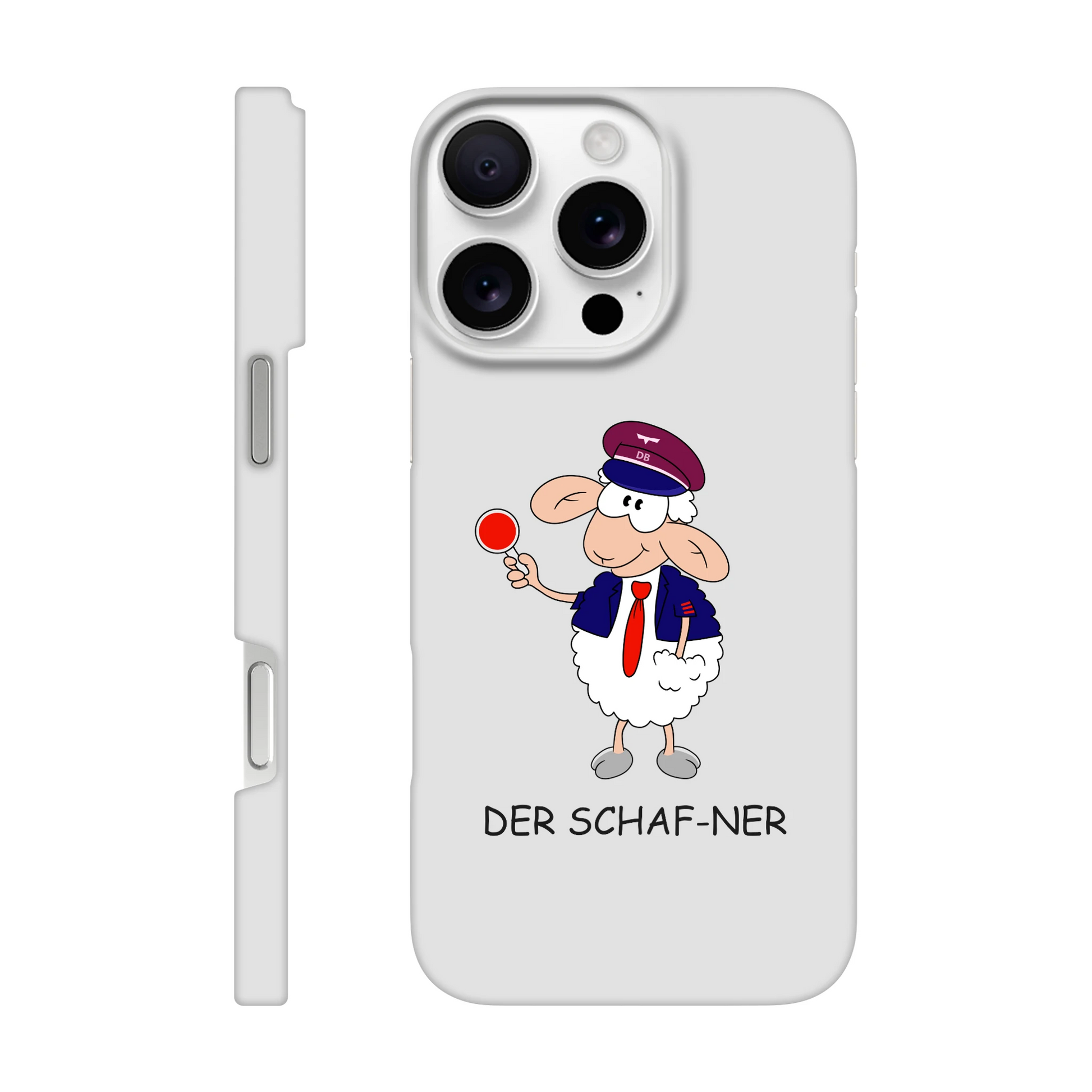 iPhone-Hülle, weiß mit diversen Ausschnitten passend zum ausgewählten Gerät. Aufgedruckt ist auf der Hülle der Cartoon "DER SCHAF-NER" von Antje Blumrodt Cartoons.