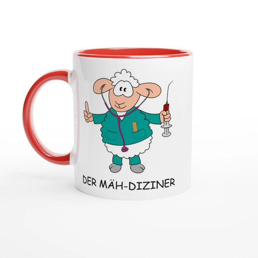 Das Bild zeigt eine Beispielaufnahme von dem Becher mit dem aufgedruckten Cartoon "Der Mäh-diziner".
