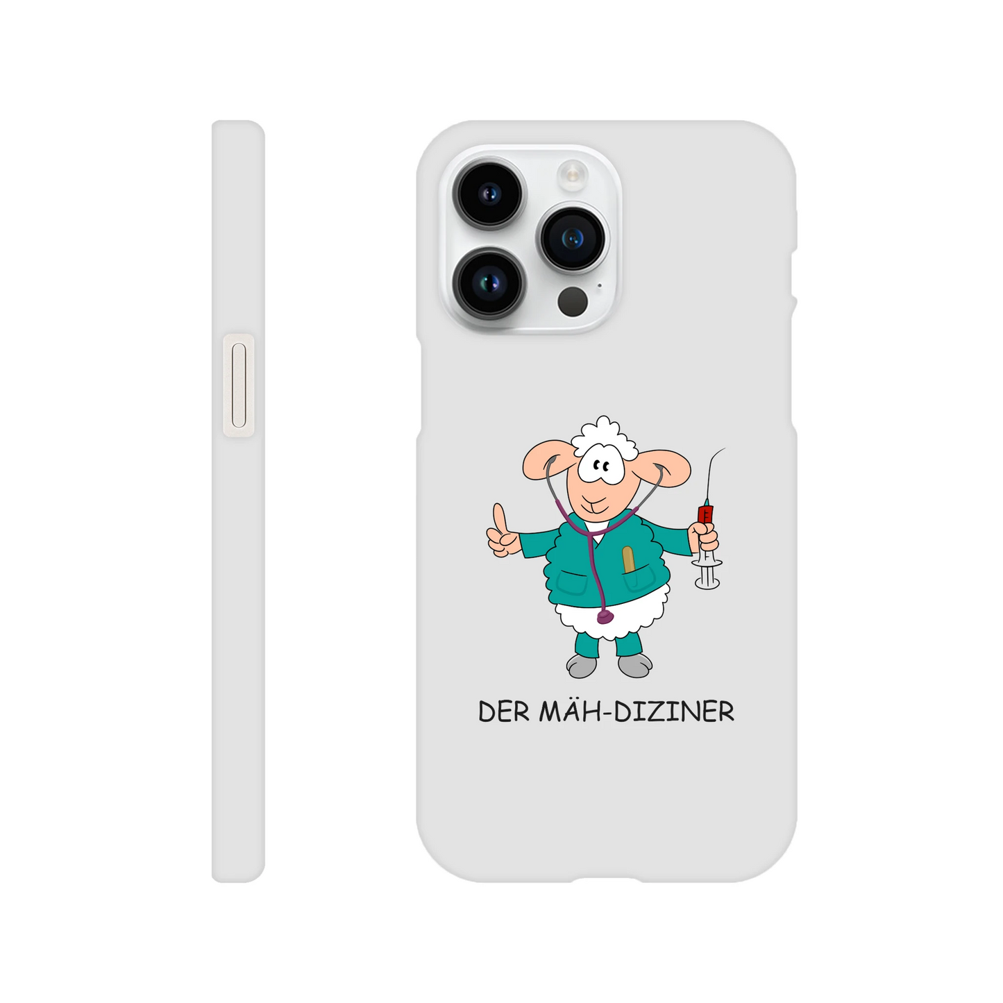 iPhone-Hülle, weiß mit diversen Ausschnitten passend zum ausgewählten Gerät. Aufgedruckt ist auf der Hülle der Cartoon "DER MÄH-DIZINER" von Antje Blumrodt Cartoons.