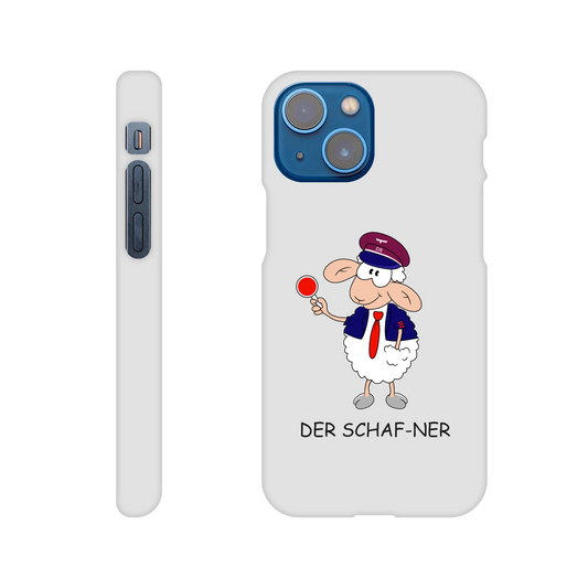 iPhone-Hülle, weiß mit diversen Ausschnitten passend zum ausgewählten Gerät. Aufgedruckt ist auf der Hülle der Cartoon "DER SCHAF-NER" von Antje Blumrodt Cartoons.