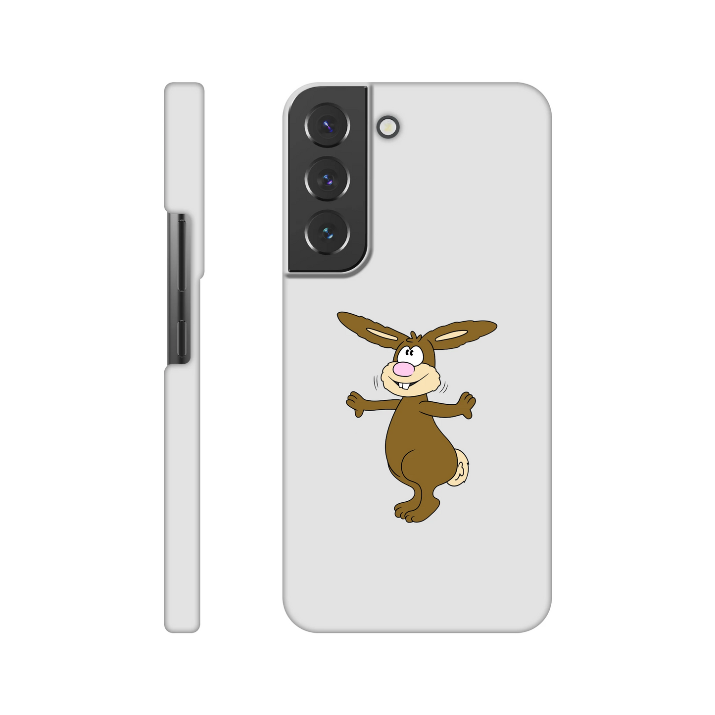 Eine Hülle für Samsung-Galaxy, weiß mit diversen Ausschnitten passend zum ausgewählten Gerät. Aufgedruckt ist auf der Hülle der Cartoon "Benny the Bunny" von Antje Blumrodt Cartoons.