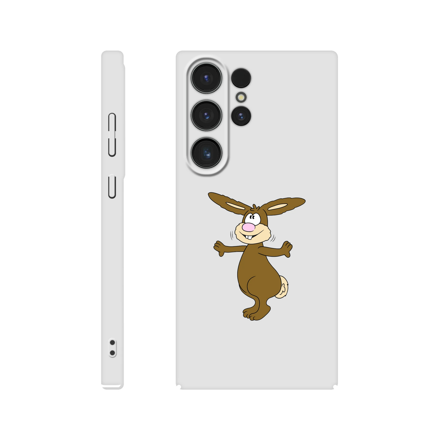 Eine Hülle für Samsung-Galaxy, weiß mit diversen Ausschnitten passend zum ausgewählten Gerät. Aufgedruckt ist auf der Hülle der Cartoon "Benny the Bunny" von Antje Blumrodt Cartoons.