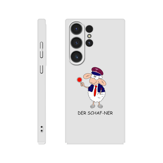 Eine Hülle für Samsung-Galaxy, weiß mit diversen Ausschnitten passend zum ausgewählten Gerät. Aufgedruckt ist auf der Hülle der Cartoon "DER SCHAF-NER" von Antje Blumrodt Cartoons.
