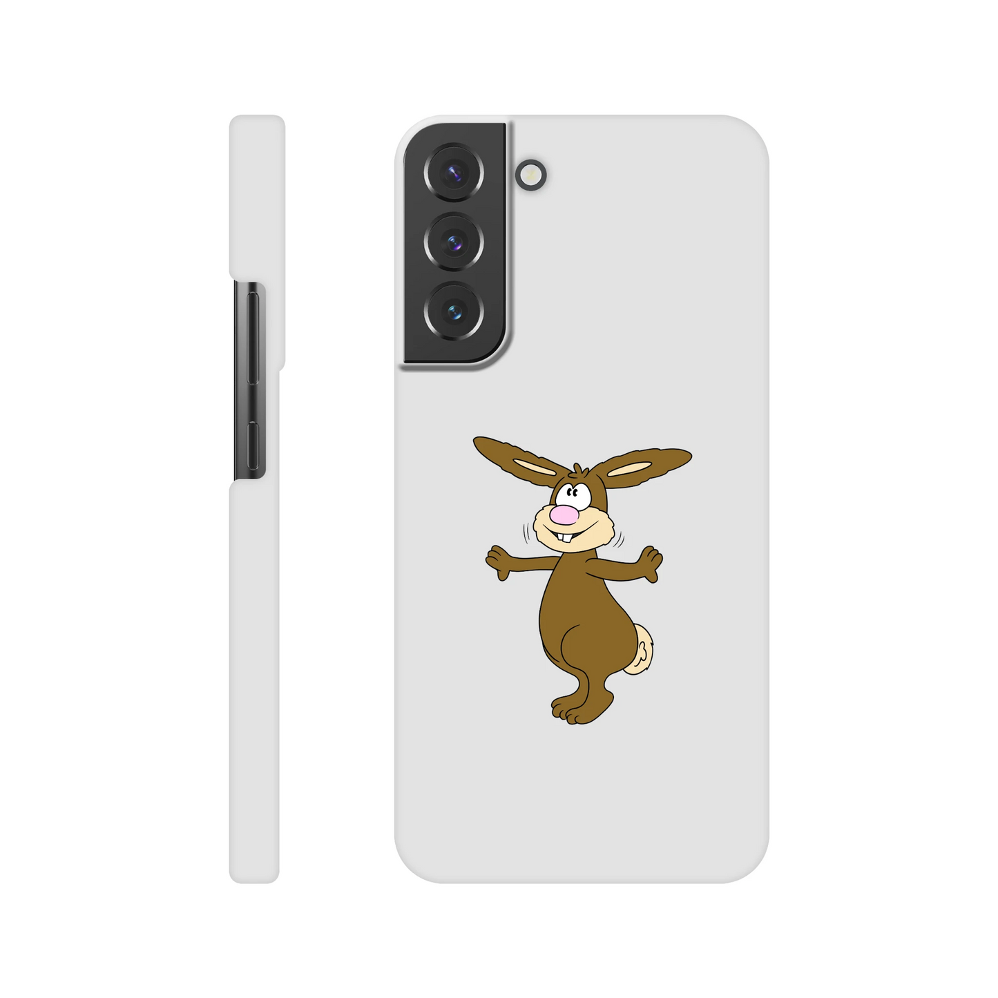Eine Hülle für Samsung-Galaxy, weiß mit diversen Ausschnitten passend zum ausgewählten Gerät. Aufgedruckt ist auf der Hülle der Cartoon "Benny the Bunny" von Antje Blumrodt Cartoons.