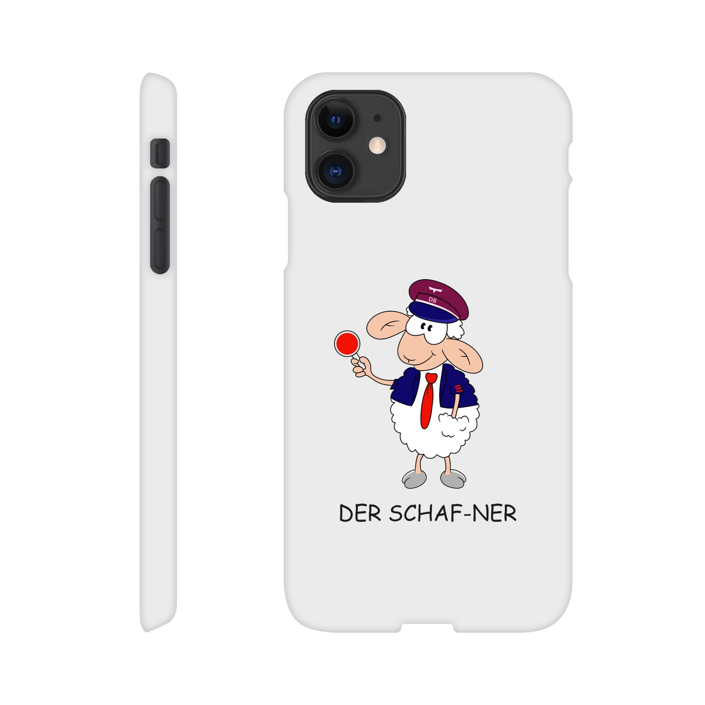 iPhone-Hülle, weiß mit diversen Ausschnitten passend zum ausgewählten Gerät. Aufgedruckt ist auf der Hülle der Cartoon "DER SCHAF-NER" von Antje Blumrodt Cartoons.